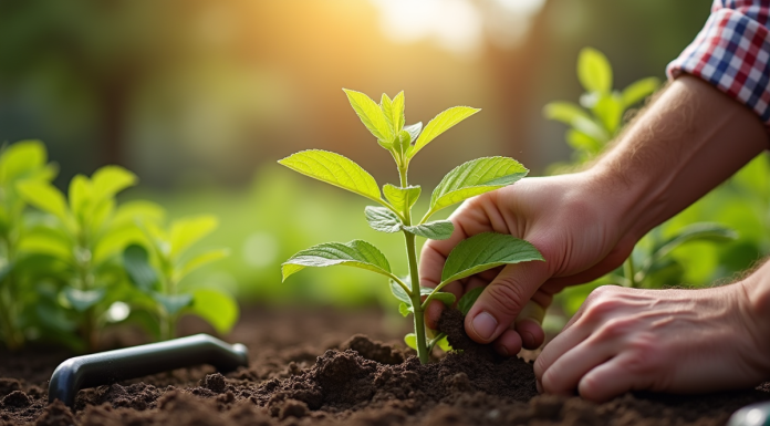 Mains de jardinier plantant des nepeta dans le sol du jardin