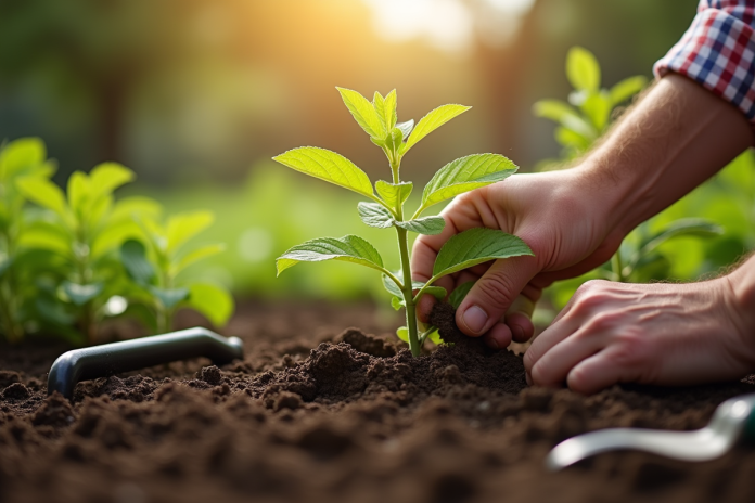 Mains de jardinier plantant des nepeta dans le sol du jardin