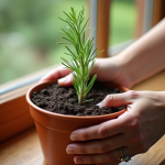 Mains plantant un romarin dans un petit pot en terre