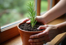 Mains plantant un romarin dans un petit pot en terre