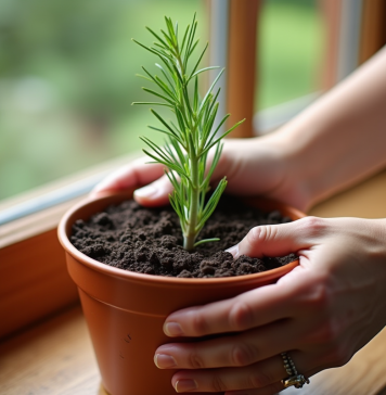 Mains plantant un romarin dans un petit pot en terre