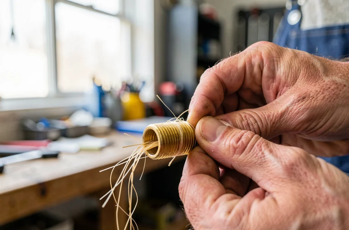 Plombier enroulant de la filasse sur un filetage en laiton