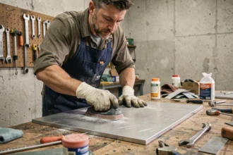 Artisan qui ponce une surface métallique avec du papier abrasif avant collage plastique