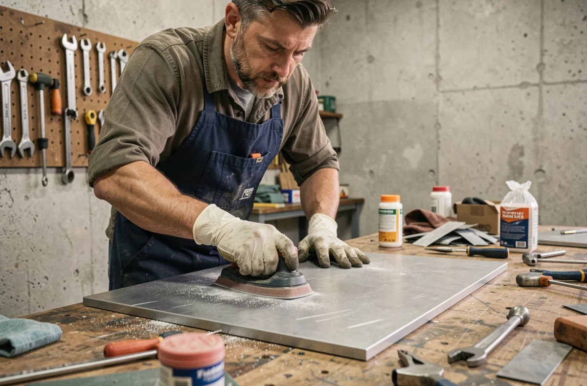 Artisan qui ponce une surface métallique avec du papier abrasif avant collage plastique