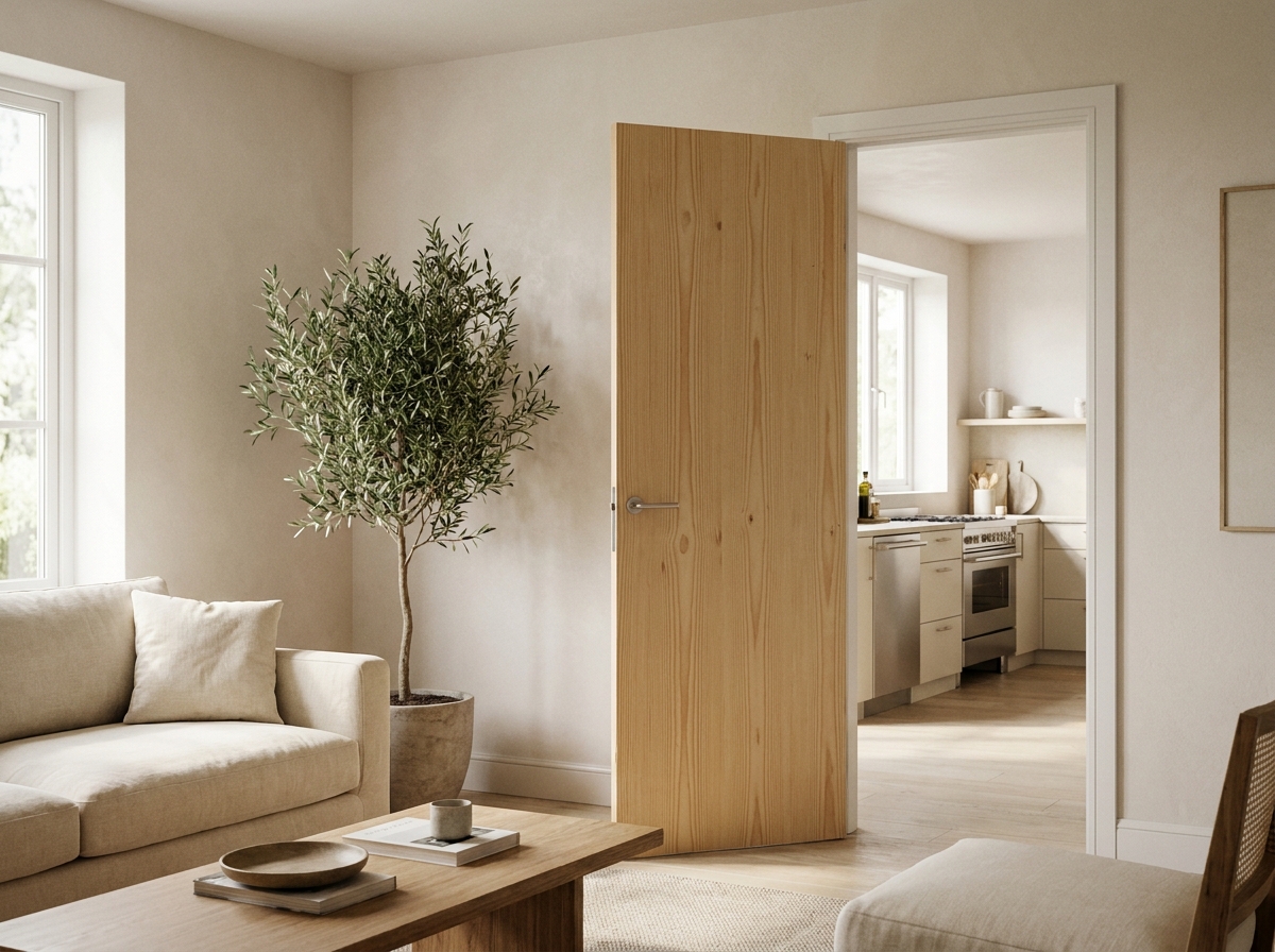 Porte battante en pin installée dans un intérieur contemporain ouvert sans alourdir la pièce