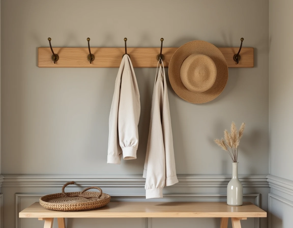 Porte-manteau mural en bois clair avec crochets en laiton accordé aux plinthes grège dans une entrée scandinave