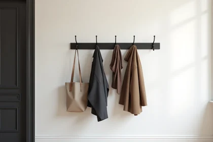 Porte-manteau mural moderne en acier noir mat dans un couloir contemporain avec plinthes blanches et porte assortie