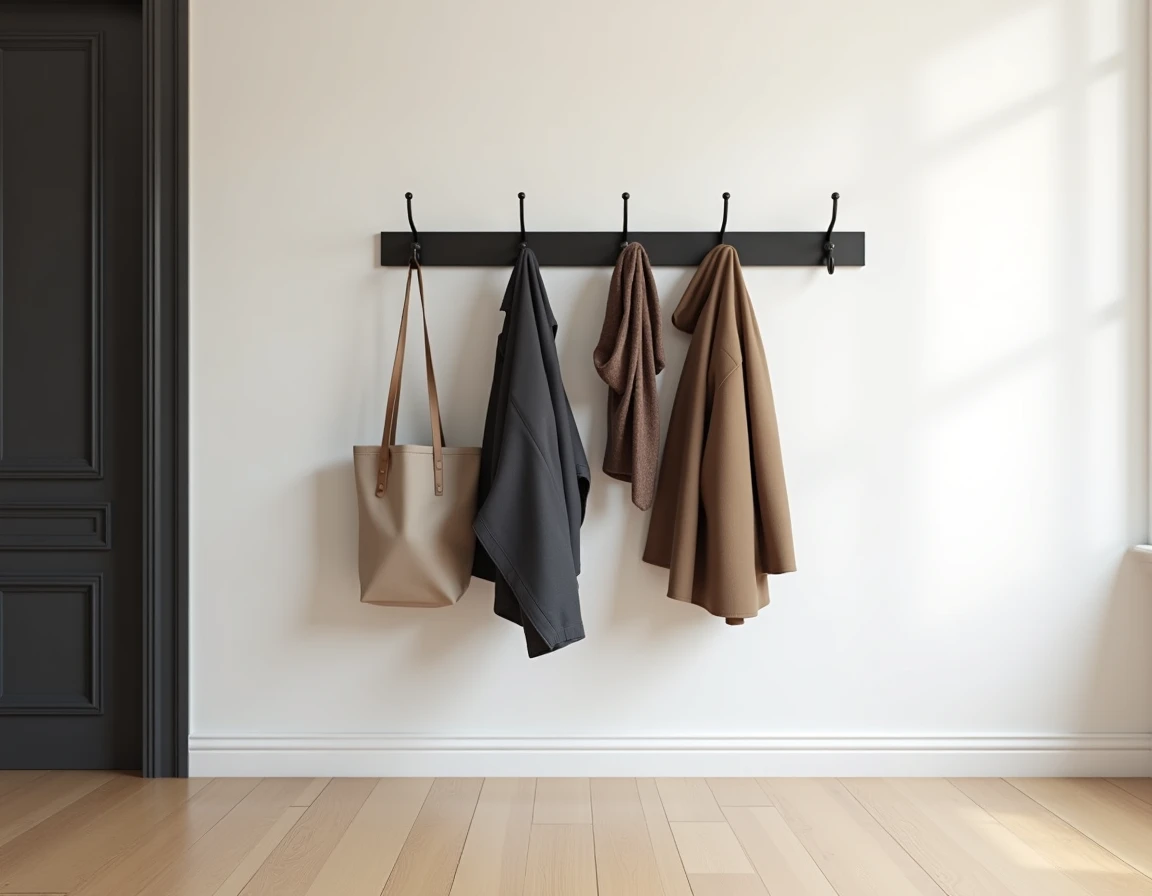 Porte-manteau mural moderne en acier noir mat dans un couloir contemporain avec plinthes blanches et porte assortie