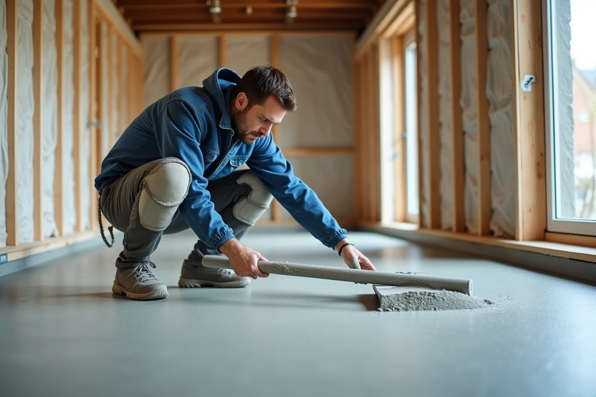 Maçon en train d'étaler une chape de ciment et sable sur le sol d'un intérieur en rénovation avec une règle métallique