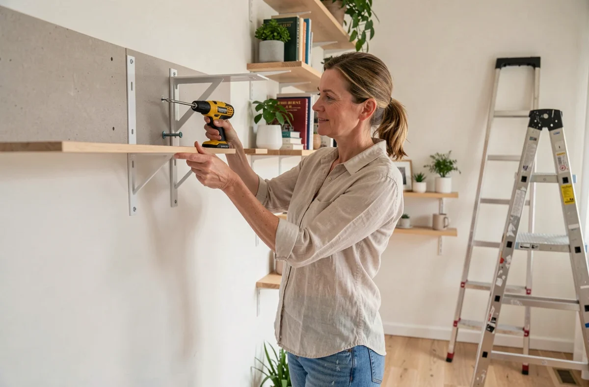 Femme vissant une cheville Molly dans une cloison BA13 pour fixer une étagère murale en intérieur