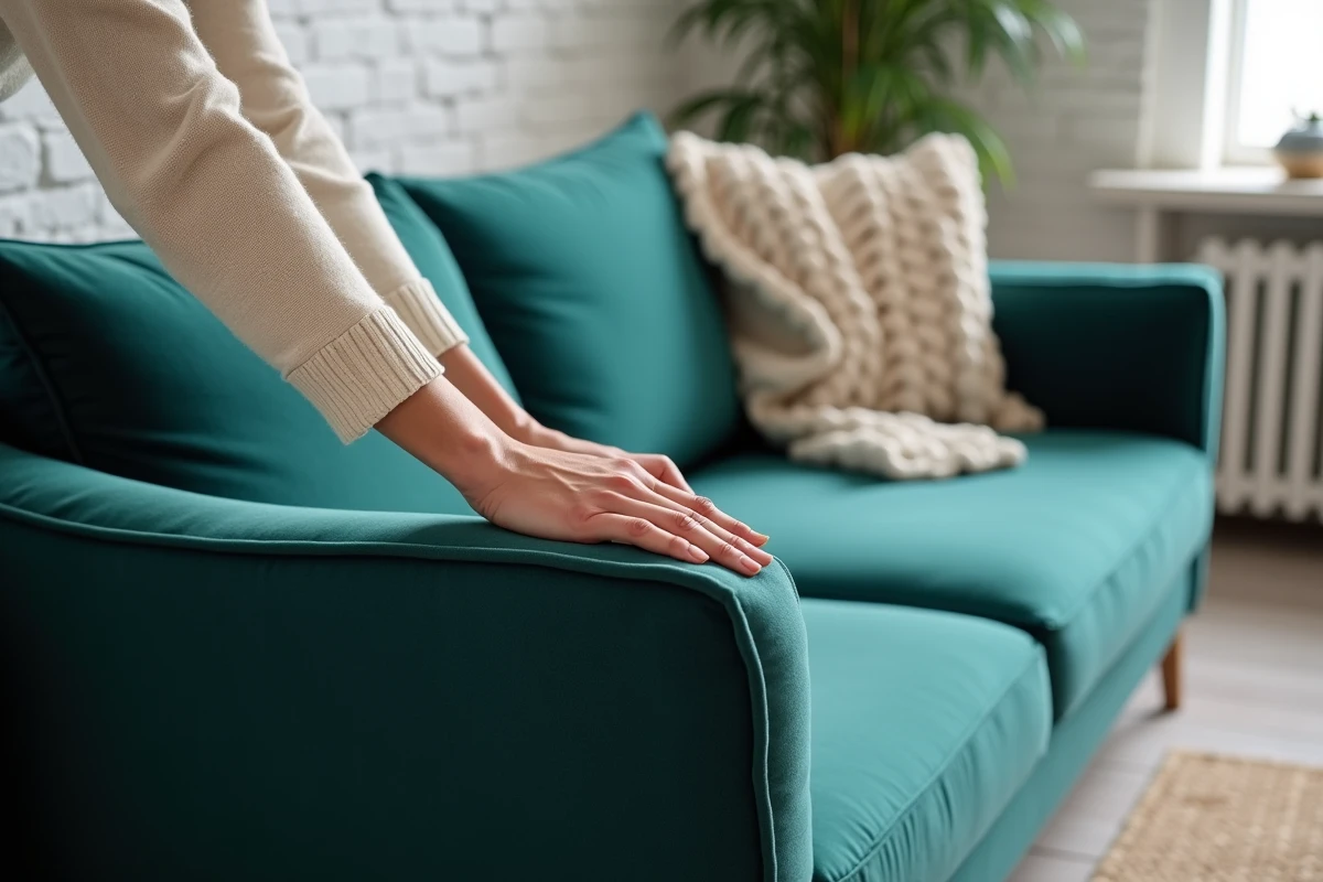 Femme installant une housse extensible bleu canard sur un canapé méridienne dans un intérieur scandinave cosy