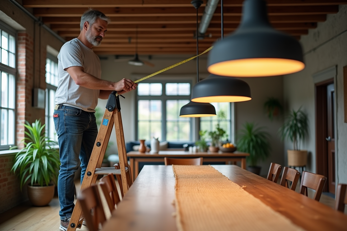 Homme ajuste lampes suspendues sur table de salle à manger