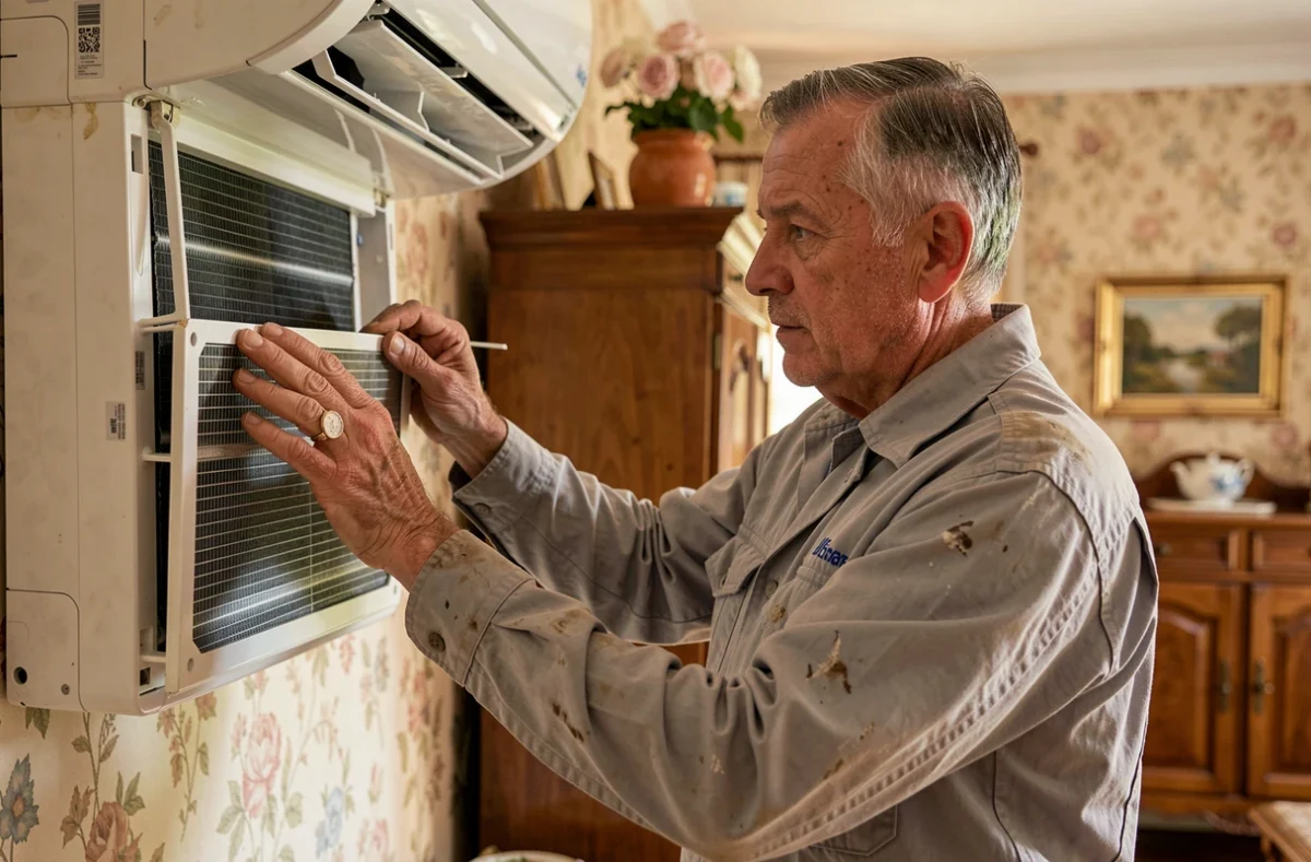 Technicien de Printannier et Fils nettoyant les filtres d'une unité de climatisation murale dans une maison familiale en Touraine