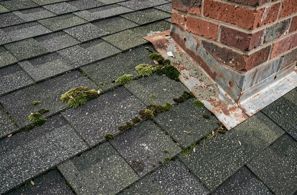 Détails de bardeaux shingle fissurés, moussus et d'une solins mal posés sur une toiture résidentielle
