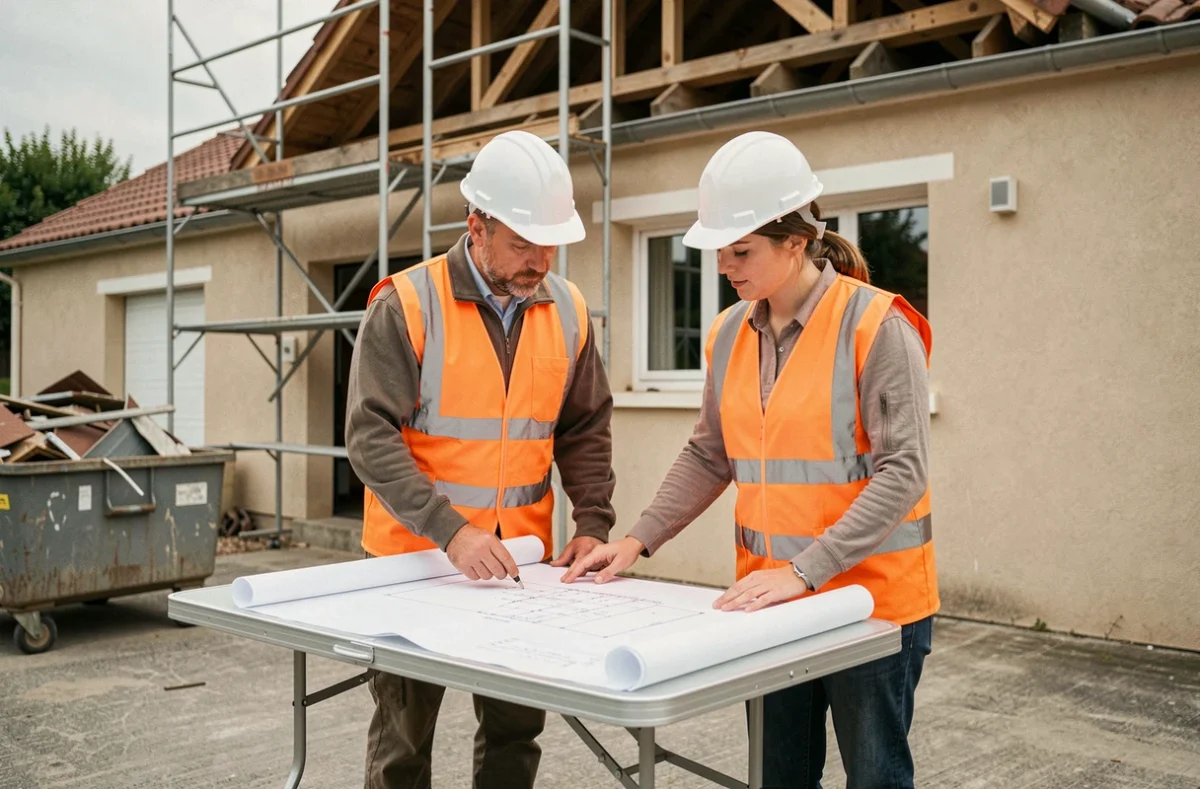 Deux professionnels de la rénovation consultant des plans de toiture devant une maison en travaux avec échafaudage