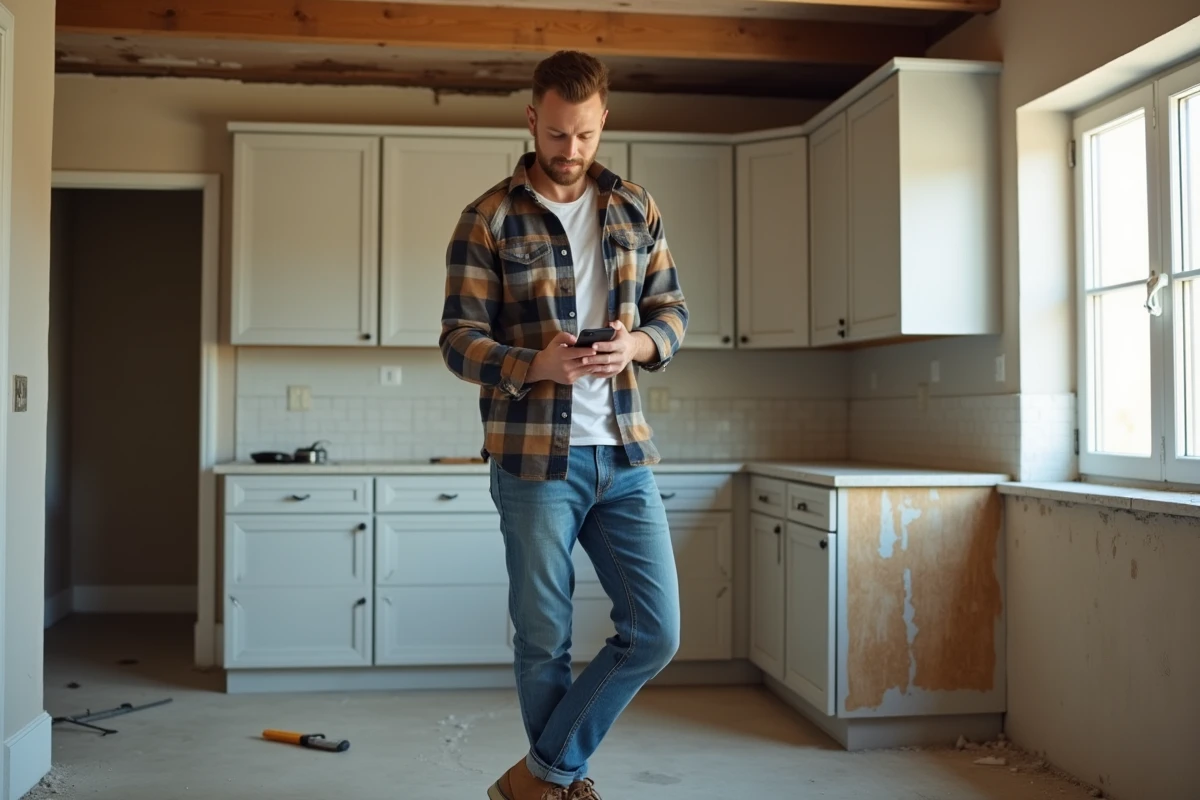 Propriétaire masculin consultant un service d'assistance travaux sur smartphone dans une cuisine en cours de rénovation