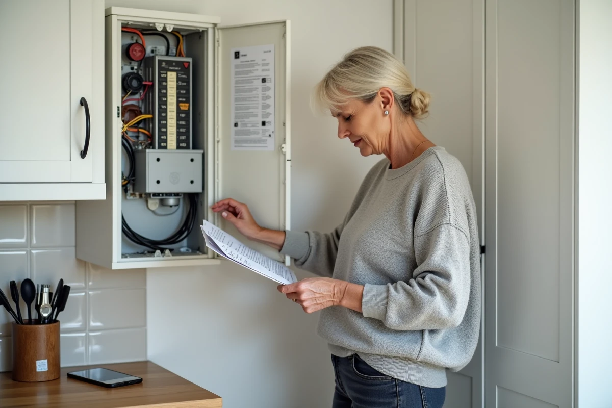Propriétaire comparant les disjoncteurs différentiels type A et AC de son tableau électrique dans une cuisine moderne avec guide d'installation