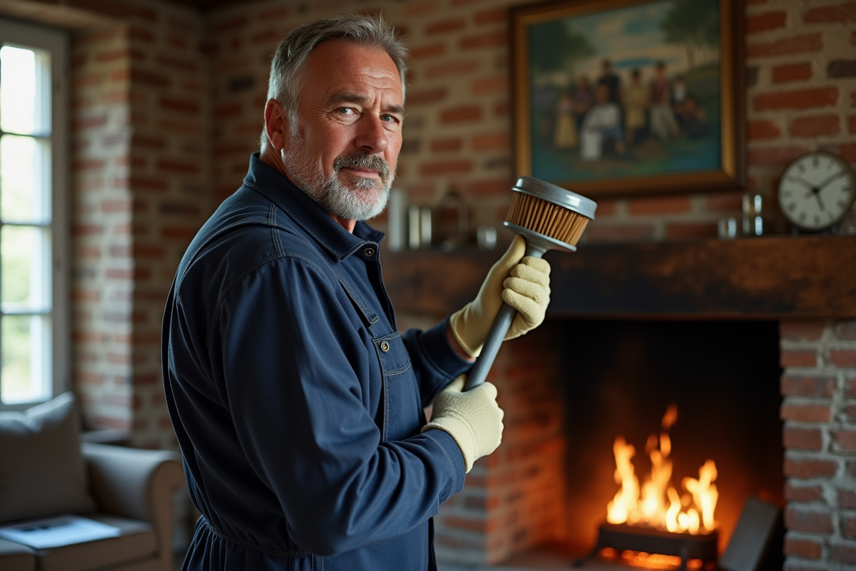 Ramoneur inspectant une cheminée dans un salon français