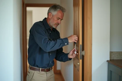 Bricoleur ajustant une porte intérieure sur trois gonds sans vis dans un couloir résidentiel