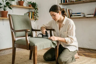 Femme relookant un fauteuil vintage avec un tissu vert sauge dans un salon décoré de façon naturelle et économique
