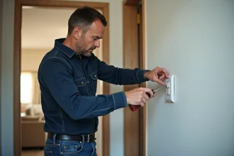 Homme en bleu répare un interrupteur mural moderne