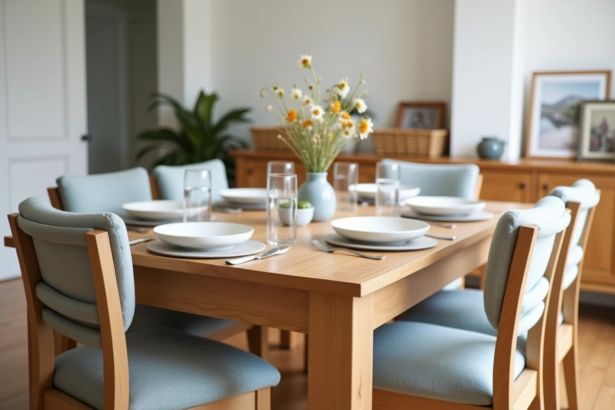 Salle à manger familiale avec table en chêne clair et chaises rembourrées style magasin BUT