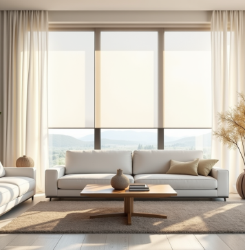 Guide d’achat : opter pour un store intérieur anti-chaleur efficace Salon moderne avec grandes fenêtres et stores thermiques