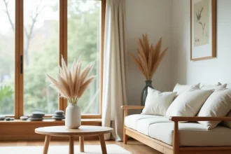Salon zen aménagé avec des meubles en bois naturel, coussin en lin crème et décoration minimaliste inspirée du style japonais et scandinave