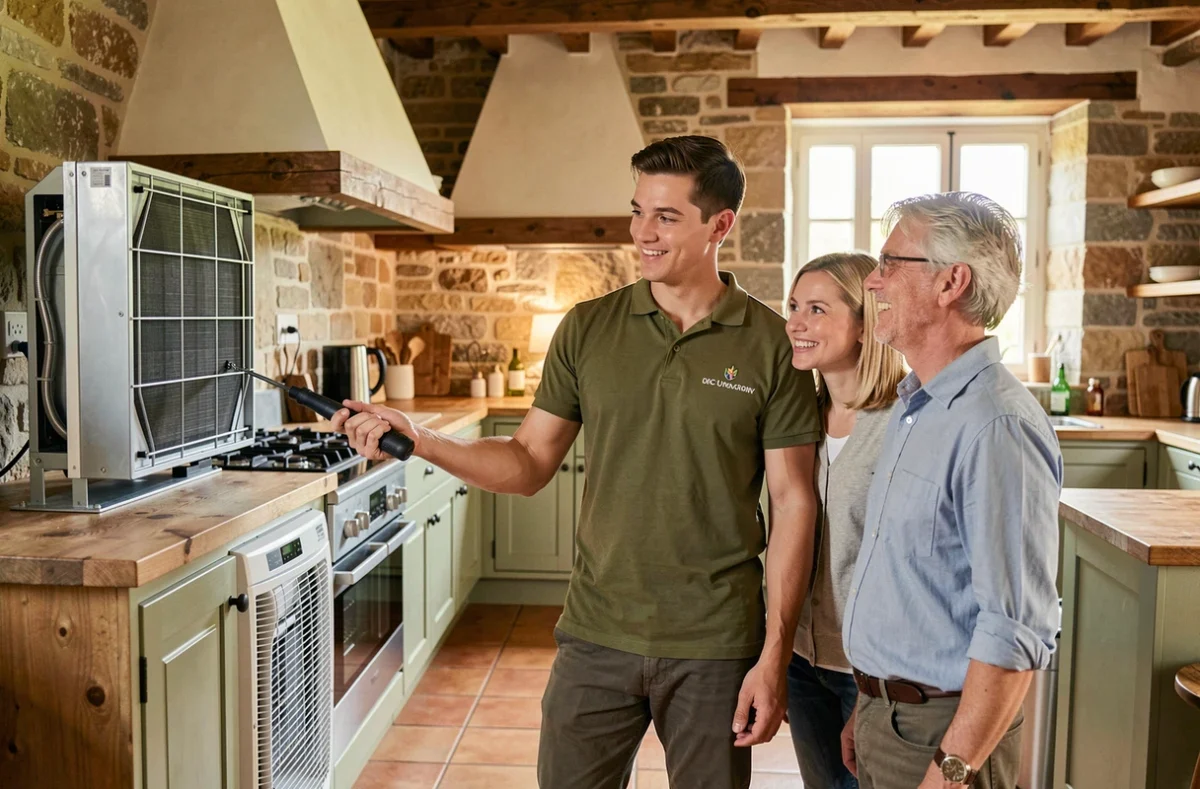 Nicolas Perrin de la Sarl Perrin Nicolas présentant une installation de climatisation terminée à des propriétaires dans une maison de caractère en Indre-et-Loire