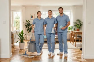Équipe de société de ménage à domicile en Seine-et-Marne, professionnels en uniforme prêts à intervenir dans une maison moderne