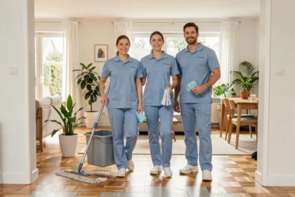 Équipe de société de ménage à domicile en Seine-et-Marne, professionnels en uniforme prêts à intervenir dans une maison moderne