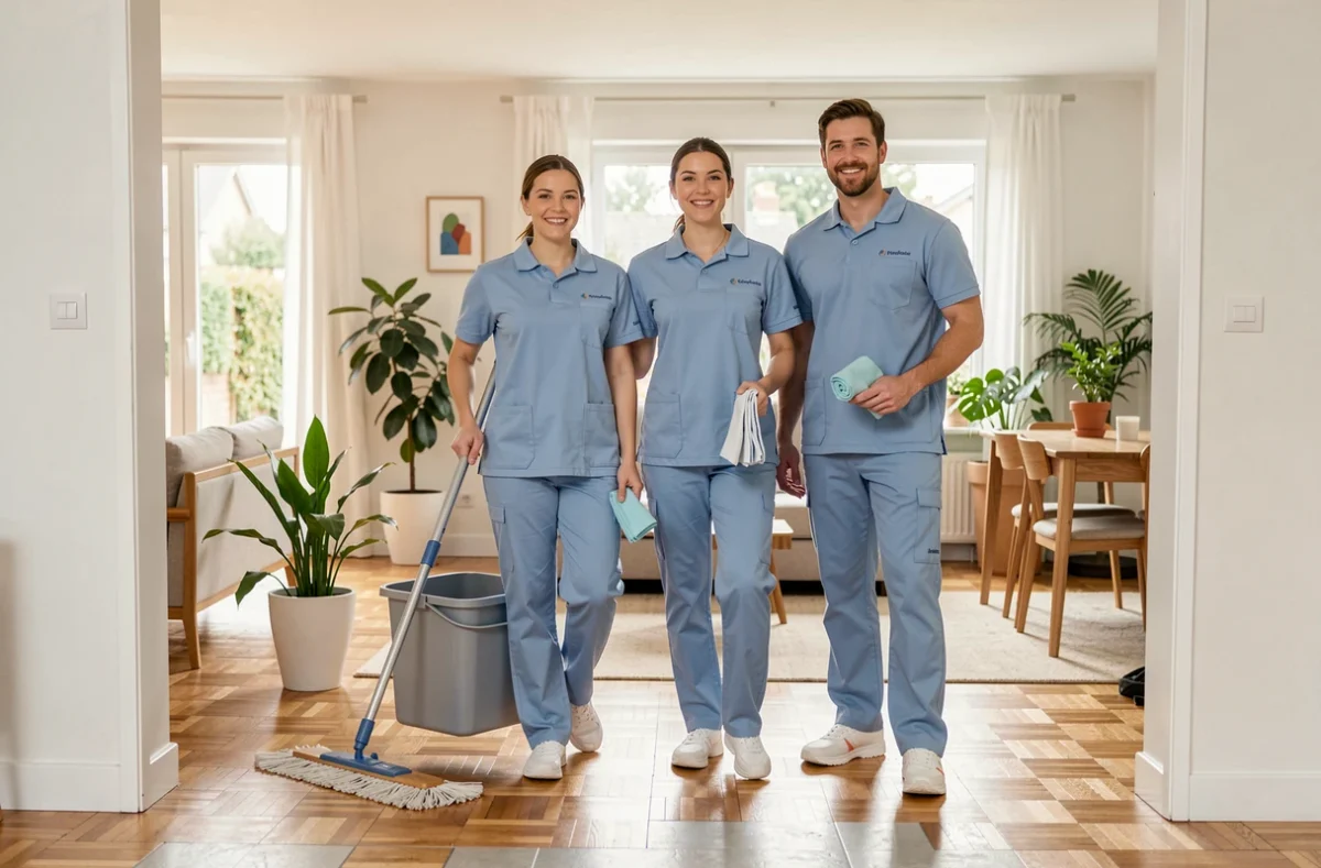 Équipe de société de ménage à domicile en Seine-et-Marne, professionnels en uniforme prêts à intervenir dans une maison moderne