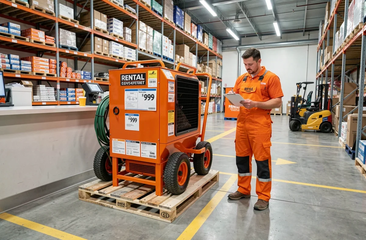 Souffleuse à ouate de cellulose disponible à la location dans un magasin de bricolage type Brico Dépôt avec panneau de tarifs