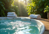 Spa extérieur relaxant avec eau claire et plantes vertes