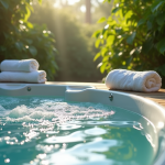 Spa extérieur relaxant avec eau claire et plantes vertes