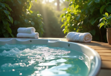 Spa extérieur relaxant avec eau claire et plantes vertes