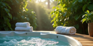Spa extérieur relaxant avec eau claire et plantes vertes
