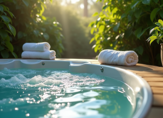 Spa propre : astuces DIY pour maintenir l’eau claire et saine Spa extérieur relaxant avec eau claire et plantes vertes