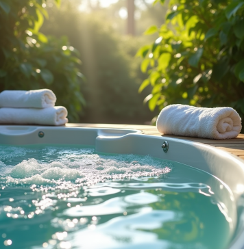 Spa propre : astuces DIY pour maintenir l’eau claire et saine Spa extérieur relaxant avec eau claire et plantes vertes