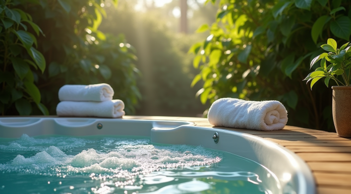 Spa extérieur relaxant avec eau claire et plantes vertes