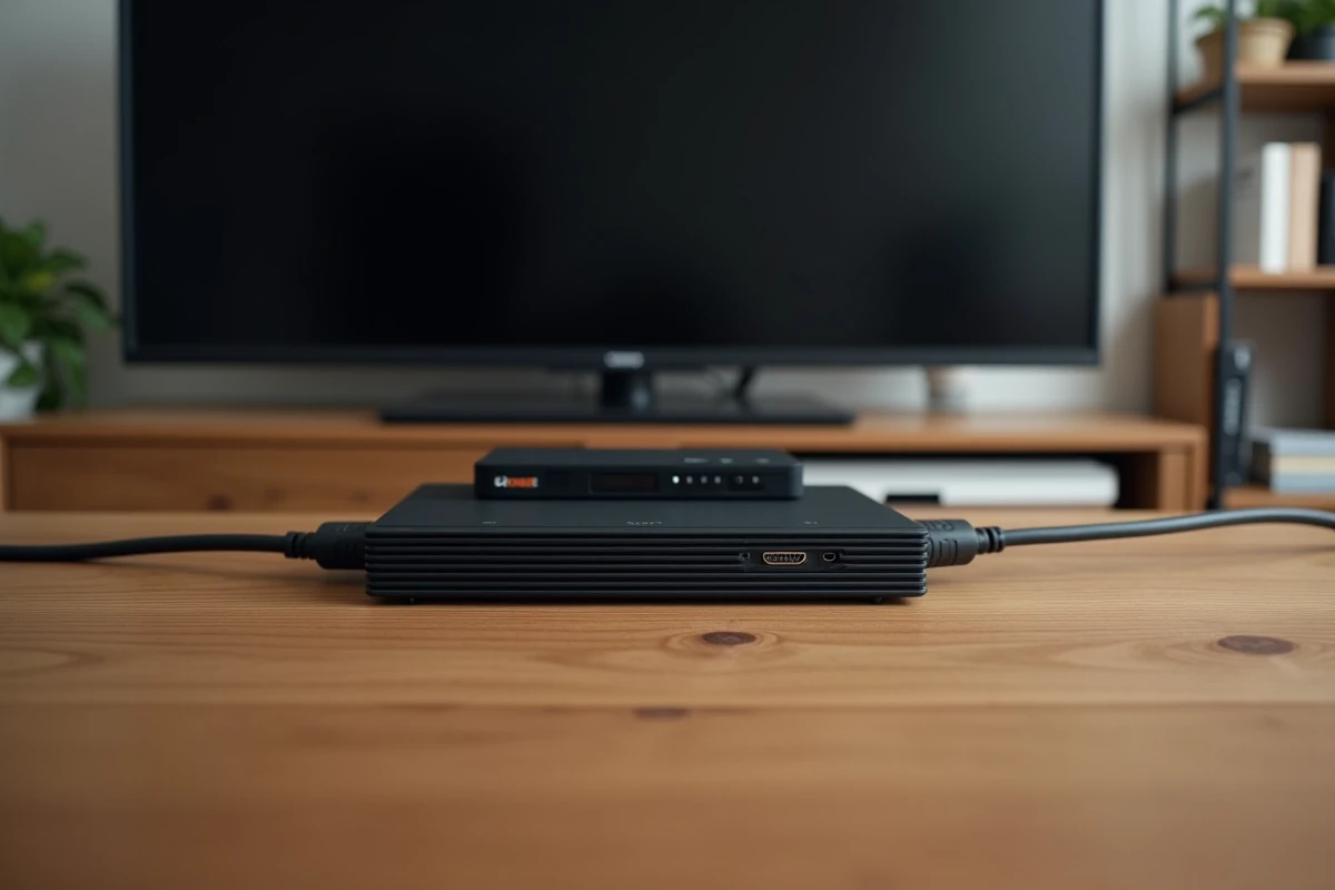 Gros plan sur un splitter HDMI reliant un décodeur Free ou Orange à deux téléviseurs dans un meuble TV en bois