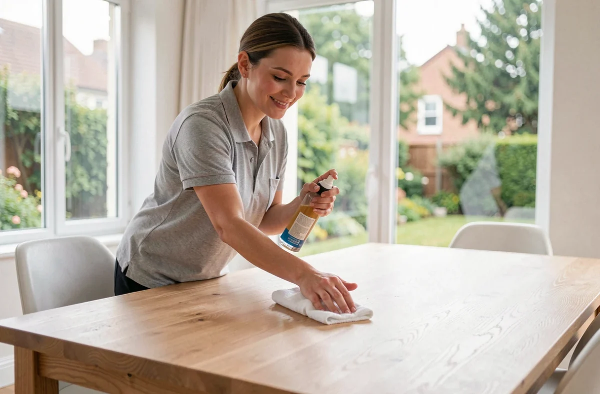 Employée de Star of Service Seine-et-Marne astiquant une table à manger dans une maison contemporaine