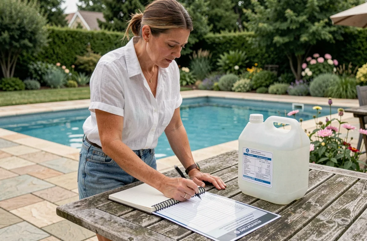 Femme consultant un tableau de dosage de javel pour le traitement d'une piscine avec un bidon de chlore liquide