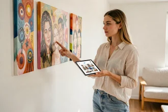 Femme devant des tableaux colorés accrochés dans un salon décoré avec des toiles achetées en ligne