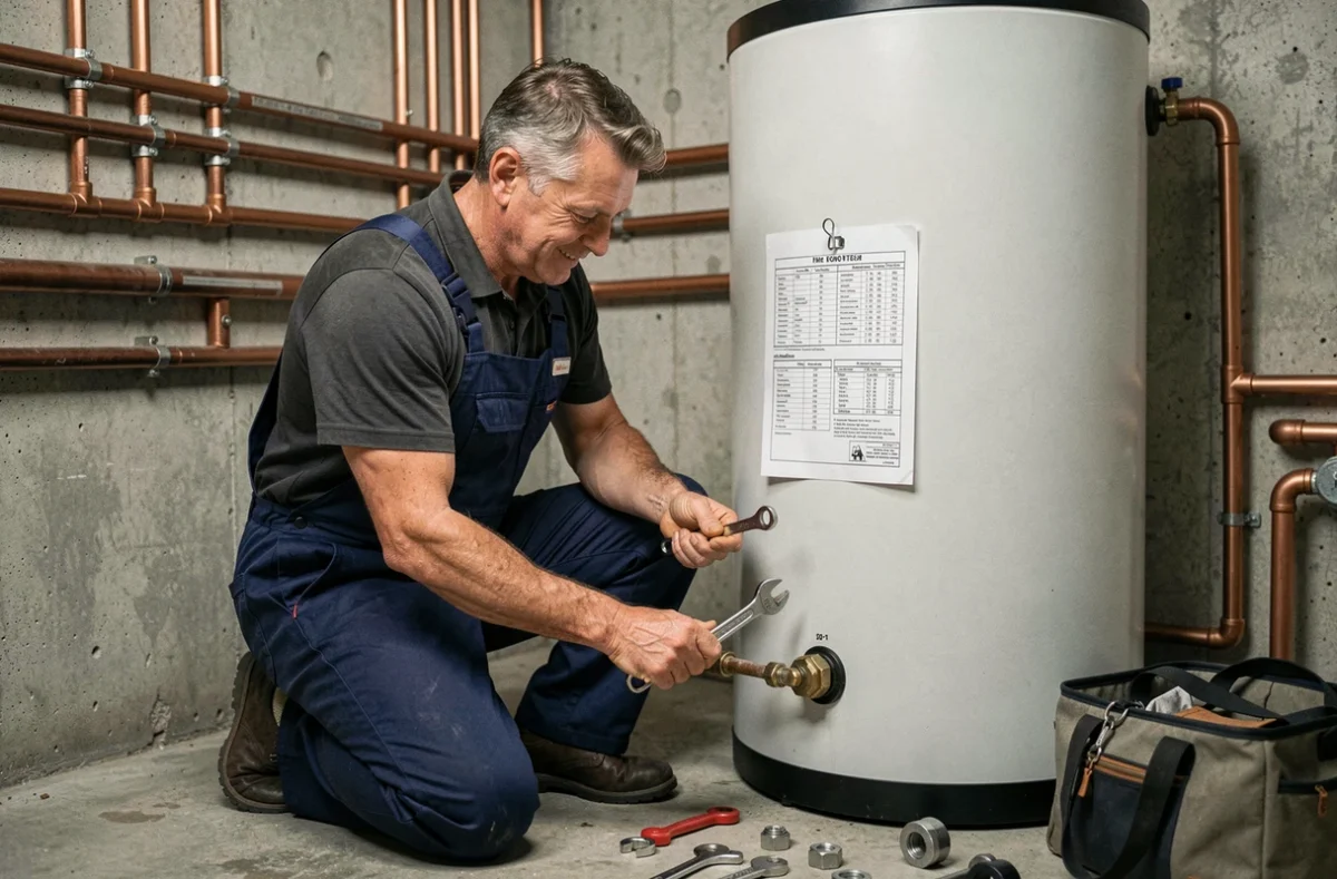 Technicien inspectant le ballon de stockage d'un chauffe-eau solaire de 200 litres dans une chaufferie