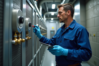 Technicien HVAC inspectant une unité de récupération de chaleur