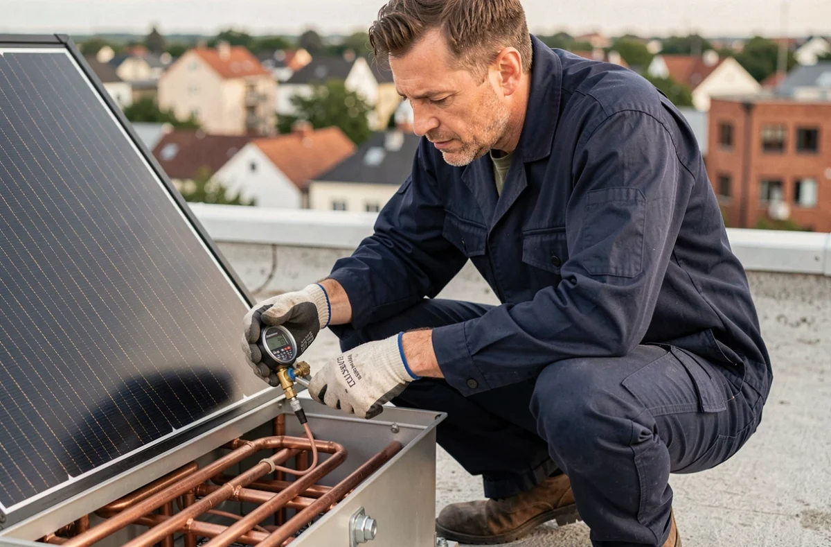 Technicien inspectant les tubes en cuivre d'un capteur solaire thermique sur un toit en milieu urbain