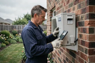 Technicien en train d'inspecter une pompe à chaleur air-air installée sur la façade extérieure d'une maison