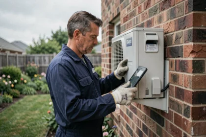 Technicien en train d'inspecter une pompe à chaleur air-air installée sur la façade extérieure d'une maison