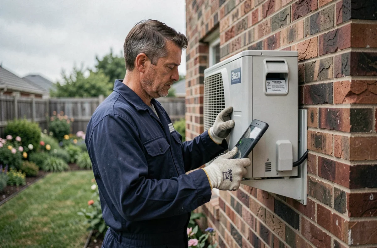 Technicien en train d'inspecter une pompe à chaleur air-air installée sur la façade extérieure d'une maison